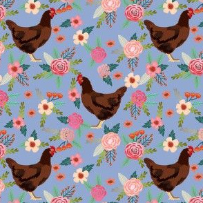 rhode island red chicken floral fabric - chicken fabric, floral fabric, chicken breed fabric, florals fabric, chickens fabric - blue