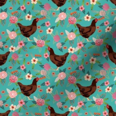 rhode island red chicken floral fabric - chicken fabric, floral fabric, chicken breed fabric, florals fabric, chickens fabric -  teal
