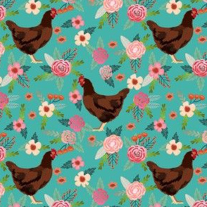 rhode island red chicken floral fabric - chicken fabric, floral fabric, chicken breed fabric, florals fabric, chickens fabric -  teal