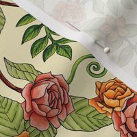 Yellow Bird Pattern w/ Pink & Orange Roses, Green Leaves & Ferns