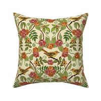 Yellow Bird Pattern w/ Pink & Orange Roses, Green Leaves & Ferns