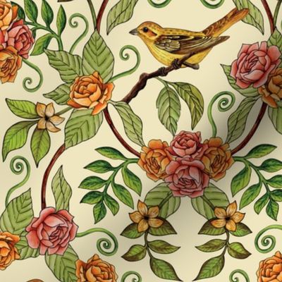 Yellow Bird Pattern w/ Pink & Orange Roses, Green Leaves & Ferns