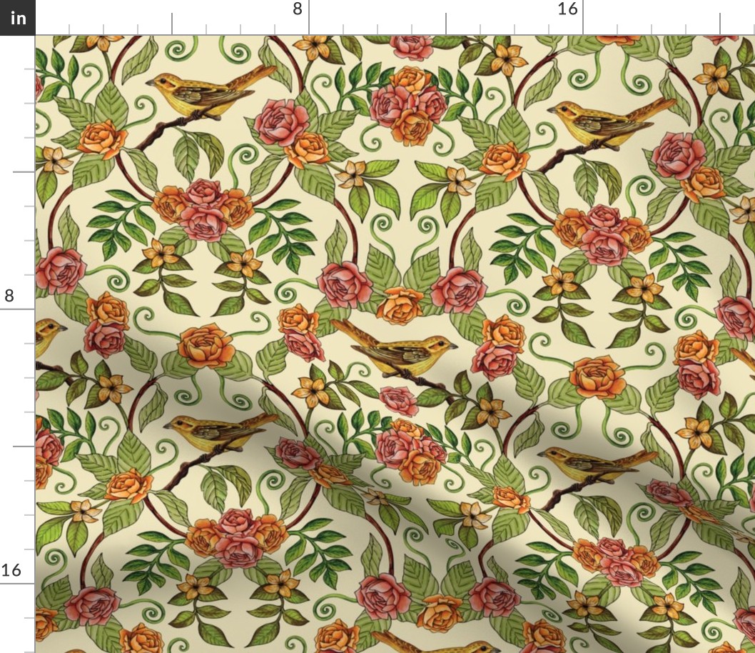 Yellow Bird Pattern w/ Pink & Orange Roses, Green Leaves & Ferns