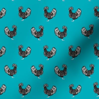 polish chicken fabric - polish chicken, chicken fabric, chicken breeds fabric, black and white chicken - farm fabric - blue