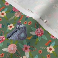 orpington chicken floral fabric - chicken fabric, floral fabric, chicken breed fabric, spring fabric, farm fabric - green