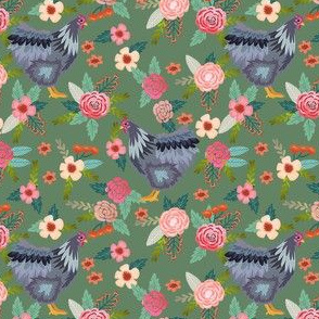 orpington chicken floral fabric - chicken fabric, floral fabric, chicken breed fabric, spring fabric, farm fabric - green