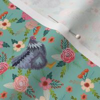 orpington chicken floral fabric - chicken fabric, floral fabric, chicken breed fabric, spring fabric, farm fabric - blue