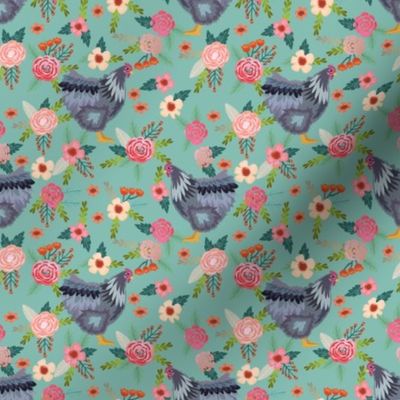orpington chicken floral fabric - chicken fabric, floral fabric, chicken breed fabric, spring fabric, farm fabric - blue