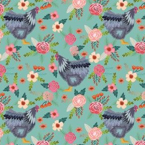 orpington chicken floral fabric - chicken fabric, floral fabric, chicken breed fabric, spring fabric, farm fabric - blue