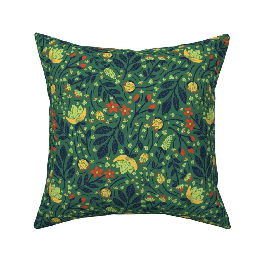 Teal, Pale Green, Dark Blue, Yellow & Orange Floral Pattern