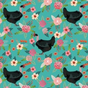 naked neck floral chicken fabric, chicken breed fabric, chickens fabric, floral fabric, florals fabric - turquoise