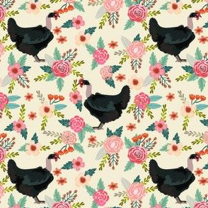 naked neck floral chicken fabric, chicken breed fabric, chickens fabric, floral fabric, florals fabric - cream