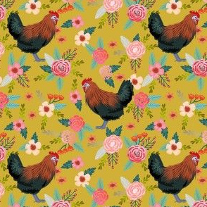 maran chicken floral fabric - maran chicken fabric, chicken fabric, chicken breed fabric, farm fabric, farm floral fabric - yellow