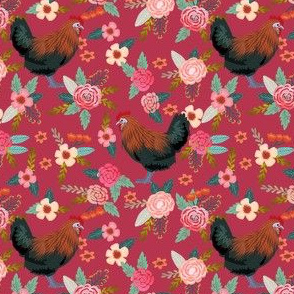 maran chicken floral fabric - maran chicken fabric, chicken fabric, chicken breed fabric, farm fabric, farm floral fabric - burgundy