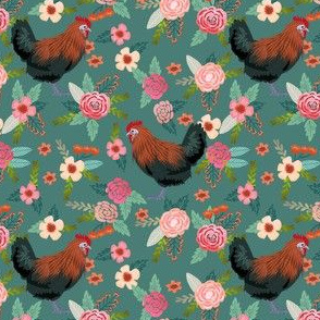 maran chicken floral fabric - maran chicken fabric, chicken fabric, chicken breed fabric, farm fabric, farm floral fabric - green