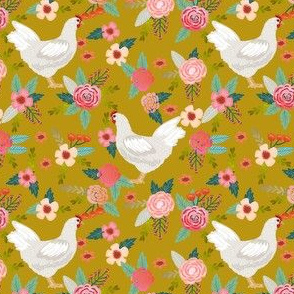 leghorn chicken floral fabric, chicken fabric, chicken floral fabric, chicken breed fabric, farm fabric, farmhouse fabric - yellow