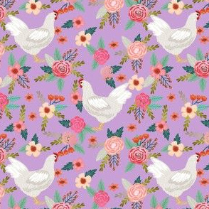 leghorn chicken floral fabric, chicken fabric, chicken floral fabric, chicken breed fabric, farm fabric, farmhouse fabric - purple