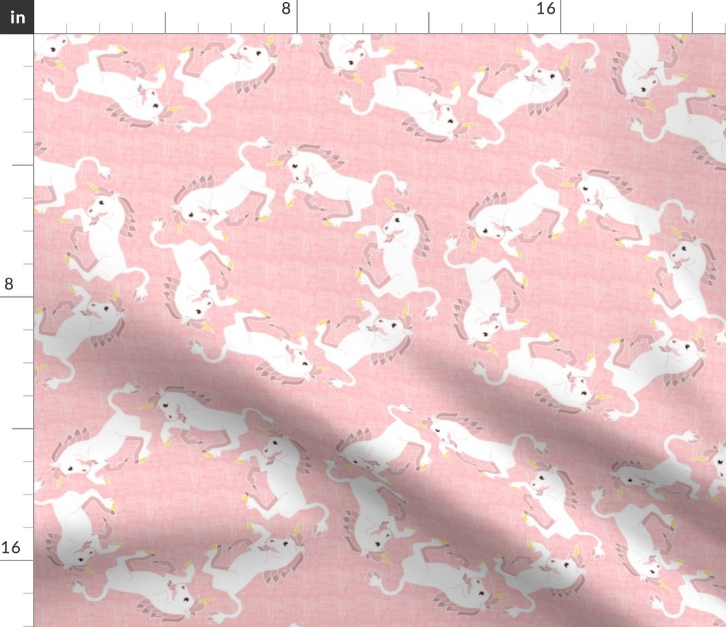 Pink Unicorns Circling on Linen Look Background