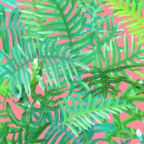 Maile Ferns Green on Coral Pink 150