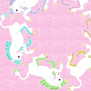 Rainbow Unicorns Circling on Pink Linen Look Background