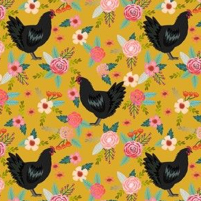 jersey chicken floral fabric, jersey giant fabric, chicken fabric, chickens fabric, chicken breeds fabric - yellow