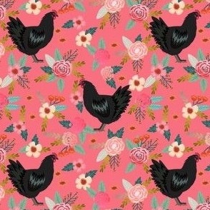 jersey chicken floral fabric, jersey giant fabric, chicken fabric, chickens fabric, chicken breeds fabric - pink