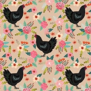 jersey chicken floral fabric, jersey giant fabric, chicken fabric, chickens fabric, chicken breeds fabric -  tan