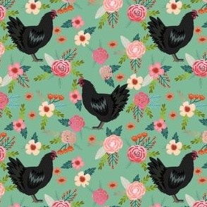 jersey chicken floral fabric, jersey giant fabric, chicken fabric, chickens fabric, chicken breeds fabric - green