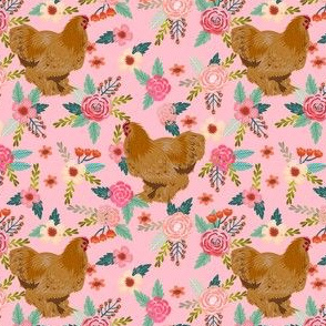 chochin chicken floral fabric - floral fabric, chochin fabric, chicken fabric, chickens fabric, farm friendly fabric, farm fabric -  pink