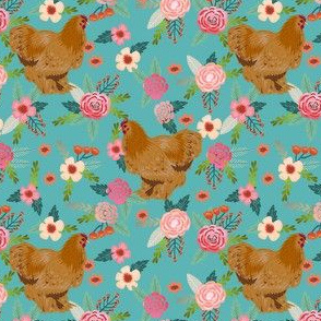 chochin chicken floral fabric - floral fabric, chochin fabric, chicken fabric, chickens fabric, farm friendly fabric, farm fabric - teal