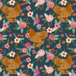 chochin chicken floral fabric - floral fabric, chochin fabric, chicken fabric, chickens fabric, farm friendly fabric, farm fabric - dark navy