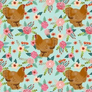 chochin chicken floral fabric - floral fabric, chochin fabric, chicken fabric, chickens fabric, farm friendly fabric, farm fabric - blue