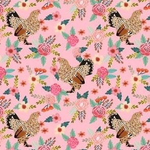 belgian d'uccle chicken fabric - floral chicken fabric, chickens fabric, chicken breeds fabric, farm house, farmhouse fabric - pink