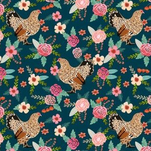 belgian d'uccle chicken fabric - floral chicken fabric, chickens fabric, chicken breeds fabric, farm house, farmhouse fabric - navy