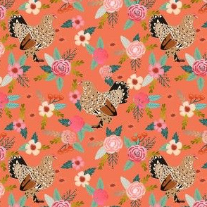 belgian d'uccle chicken fabric - floral chicken fabric, chickens fabric, chicken breeds fabric, farm house, farmhouse fabric - orange