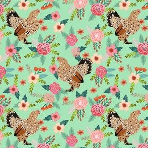 belgian d'uccle chicken fabric - floral chicken fabric, chickens fabric, chicken breeds fabric, farm house, farmhouse fabric -  mint