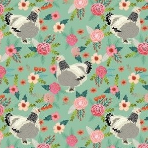 brahma chicken floral fabric - chicken fabric, chicken breed fabric, farmhouse fabric - mint