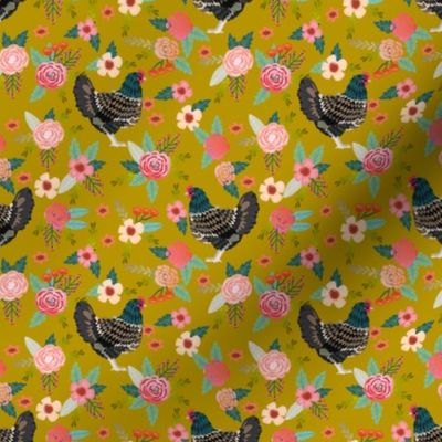 barnevelder chicken fabric - floral chickens fabric, chicken breed fabric, pet fabric, farm fabric, farm animals fabric, birds fabric, farmhouse - yellow