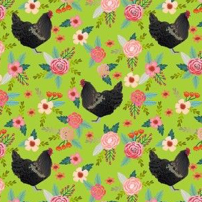 australorp chicken fabric - floral chicken fabric, chicken fabric, chicken breed fabric, farmhouse fabric, bird fabric - bright lime