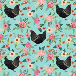 australorp chicken fabric - floral chicken fabric, chicken fabric, chicken breed fabric, farmhouse fabric, bird fabric - blue