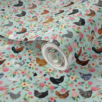 chicken breeds floral fabric - floral fabric, chicken fabric, chickens fabric, floral fabric, bird fabric, birds fabric - light blue