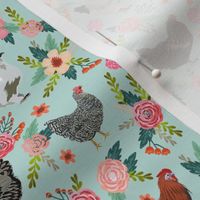 chicken breeds floral fabric - floral fabric, chicken fabric, chickens fabric, floral fabric, bird fabric, birds fabric - light blue