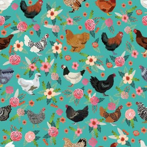 chicken breeds floral fabric - floral fabric, chicken fabric, chickens fabric, floral fabric, bird fabric, birds fabric - teal