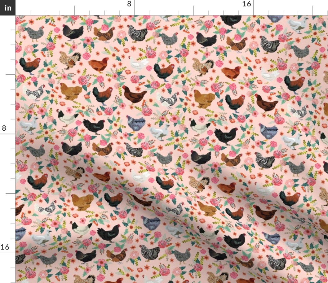 chicken breeds floral fabric - floral fabric, chicken fabric, chickens fabric, floral fabric, bird fabric, birds fabric - pink