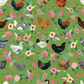 chicken breeds floral fabric - floral fabric, chicken fabric, chickens fabric, floral fabric, bird fabric, birds fabric - green