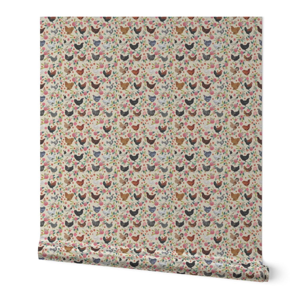 chicken breeds floral fabric - floral fabric, chicken fabric, chickens fabric, floral fabric, bird fabric, birds fabric - cream