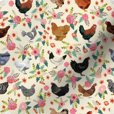 chicken breeds floral fabric - floral fabric, chicken fabric, chickens fabric, floral fabric, bird fabric, birds fabric - cream