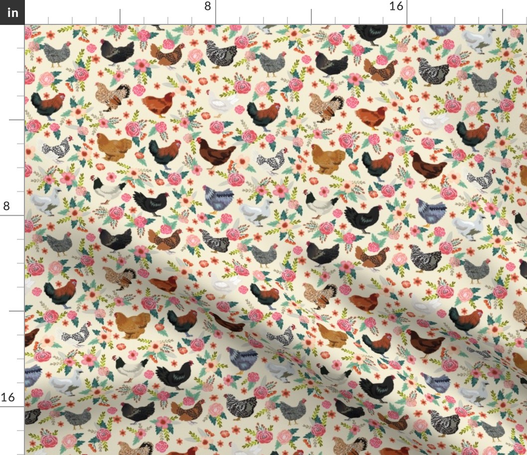 chicken breeds floral fabric - floral fabric, chicken fabric, chickens fabric, floral fabric, bird fabric, birds fabric - cream