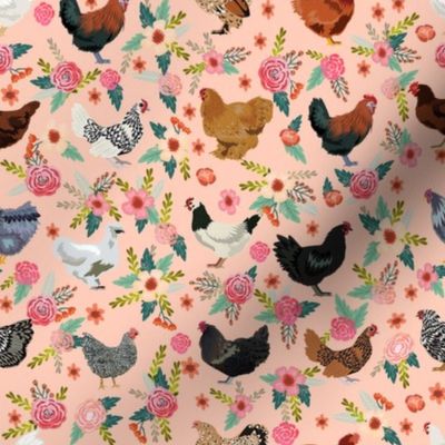 chicken breeds floral fabric - floral fabric, chicken fabric, chickens fabric, floral fabric, bird fabric, birds fabric - peach