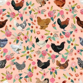 chicken breeds floral fabric - floral fabric, chicken fabric, chickens fabric, floral fabric, bird fabric, birds fabric - peach